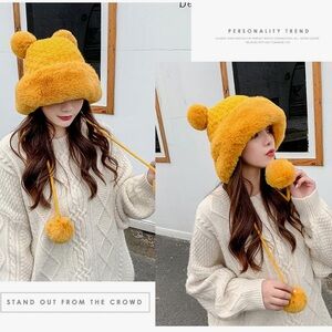 Fuzzy Pompom Hat Yellow Chic Whimsigoth coquette winter playful cottagecore
